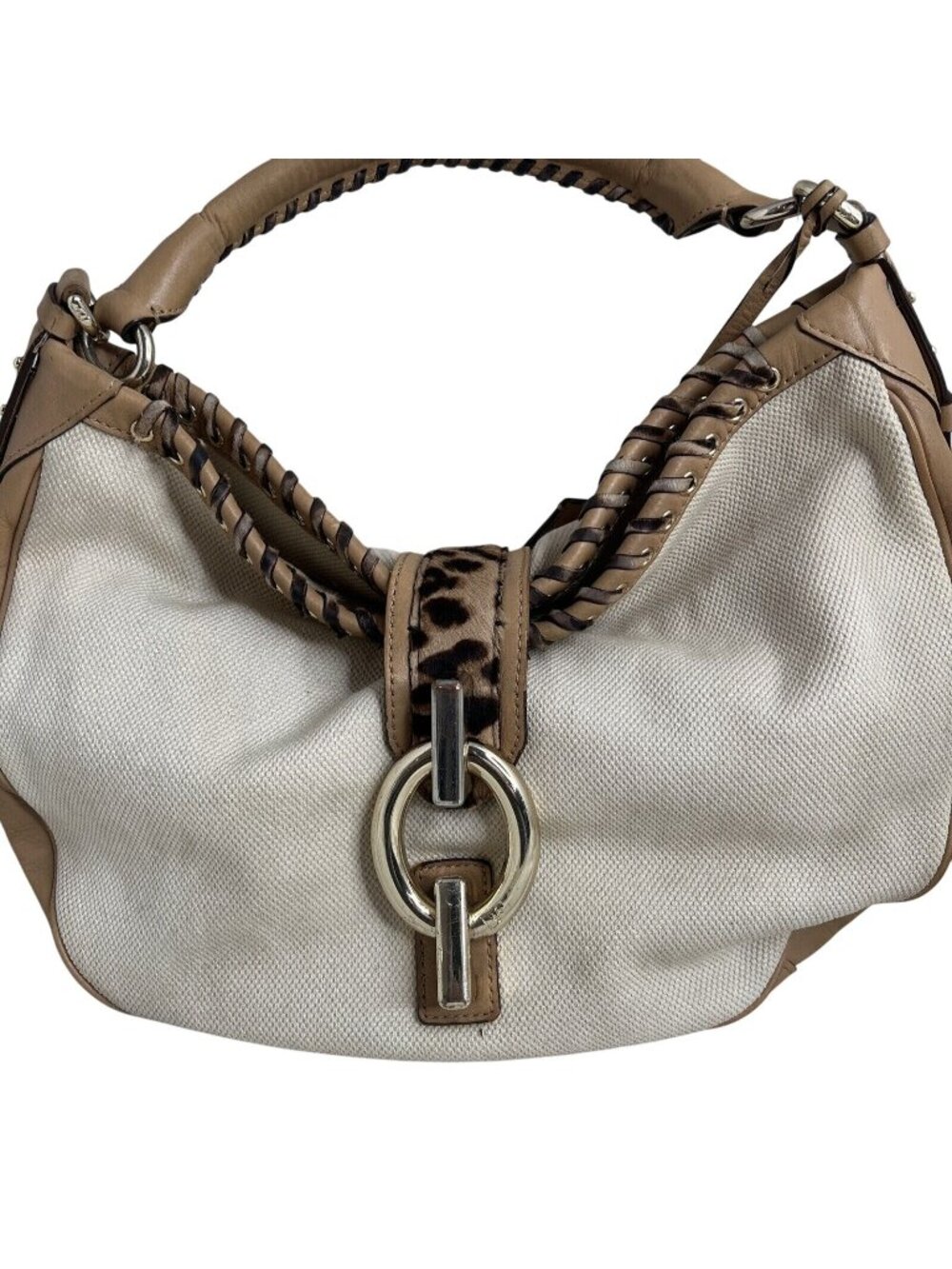 Diane Von Furstenberg Canvas/Leather Leopard Accent Hobo Bag Tan & White